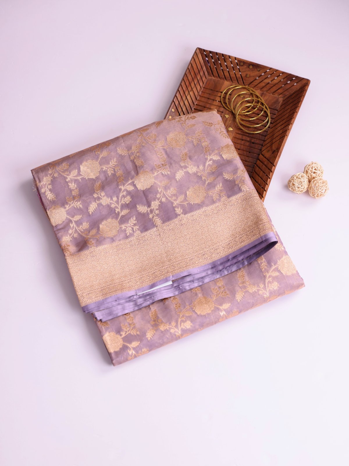Lavender Tissue Banaras Silk Saree With Zari Border