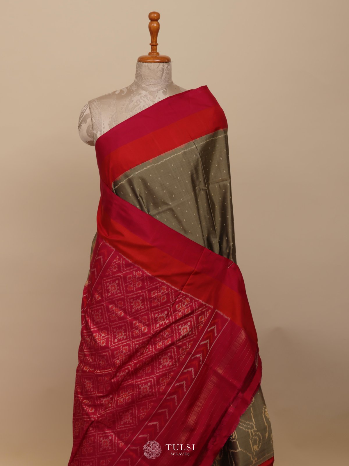 Dark Grey Ikat Silk Saree