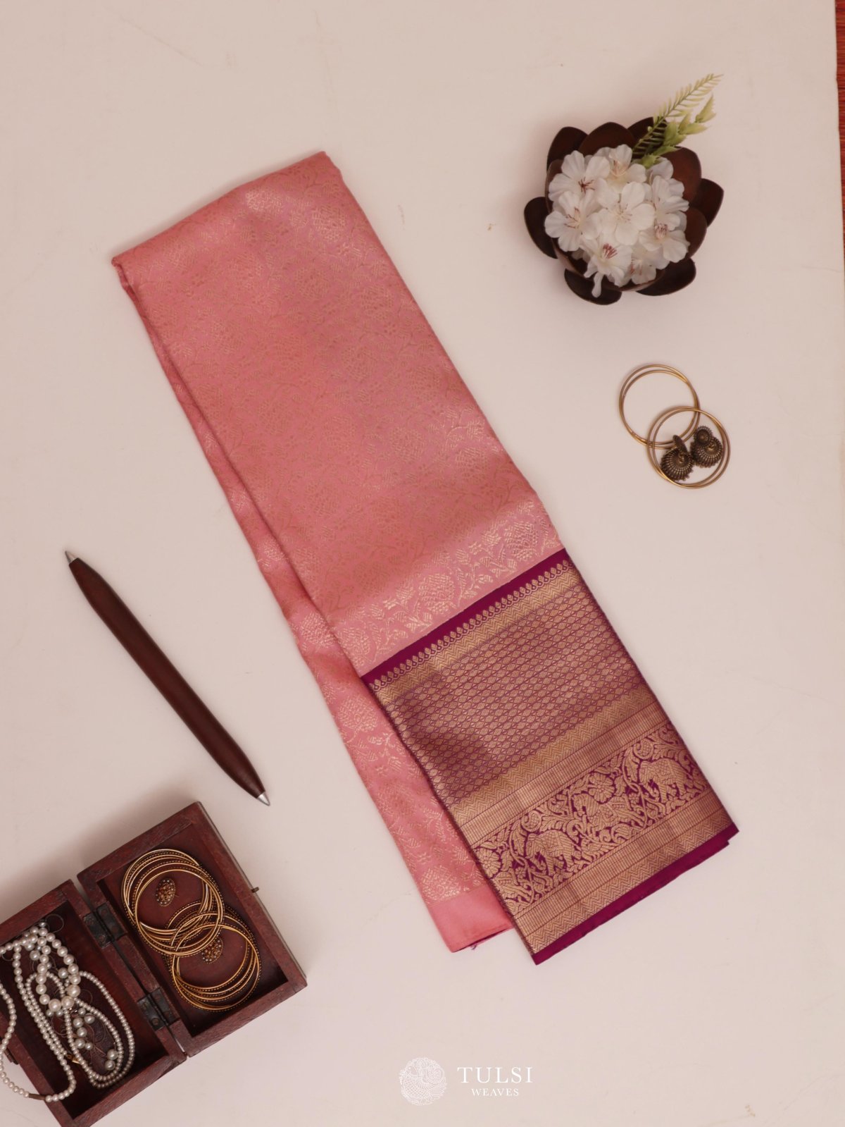 Light Pink Kanjeevaram Silk Pavadai With Purple Border