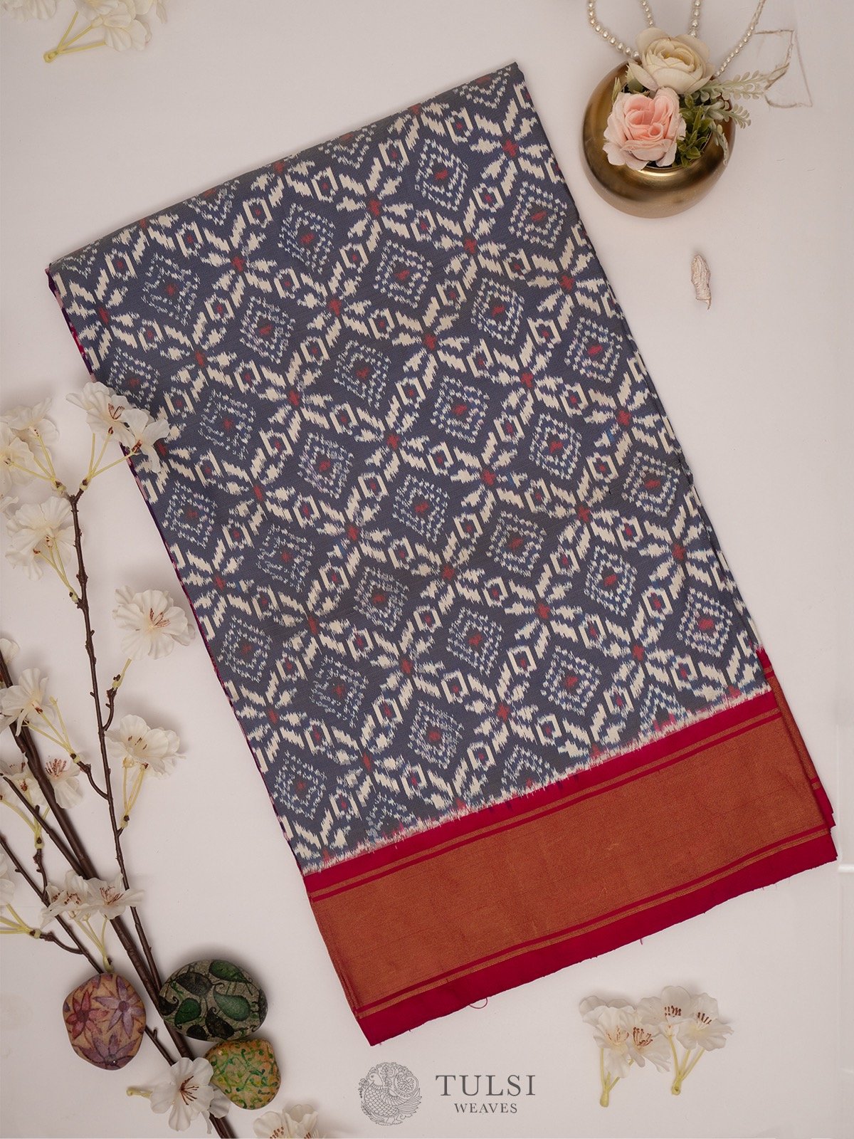 Blueish Grey Ikat Silk Saree with Pink Zari border