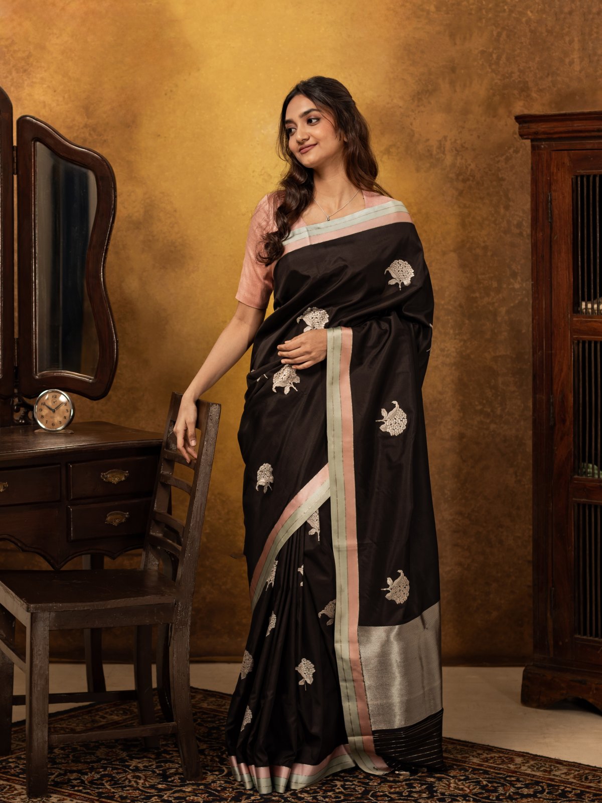 Black Mashru Silk saree with Striped border