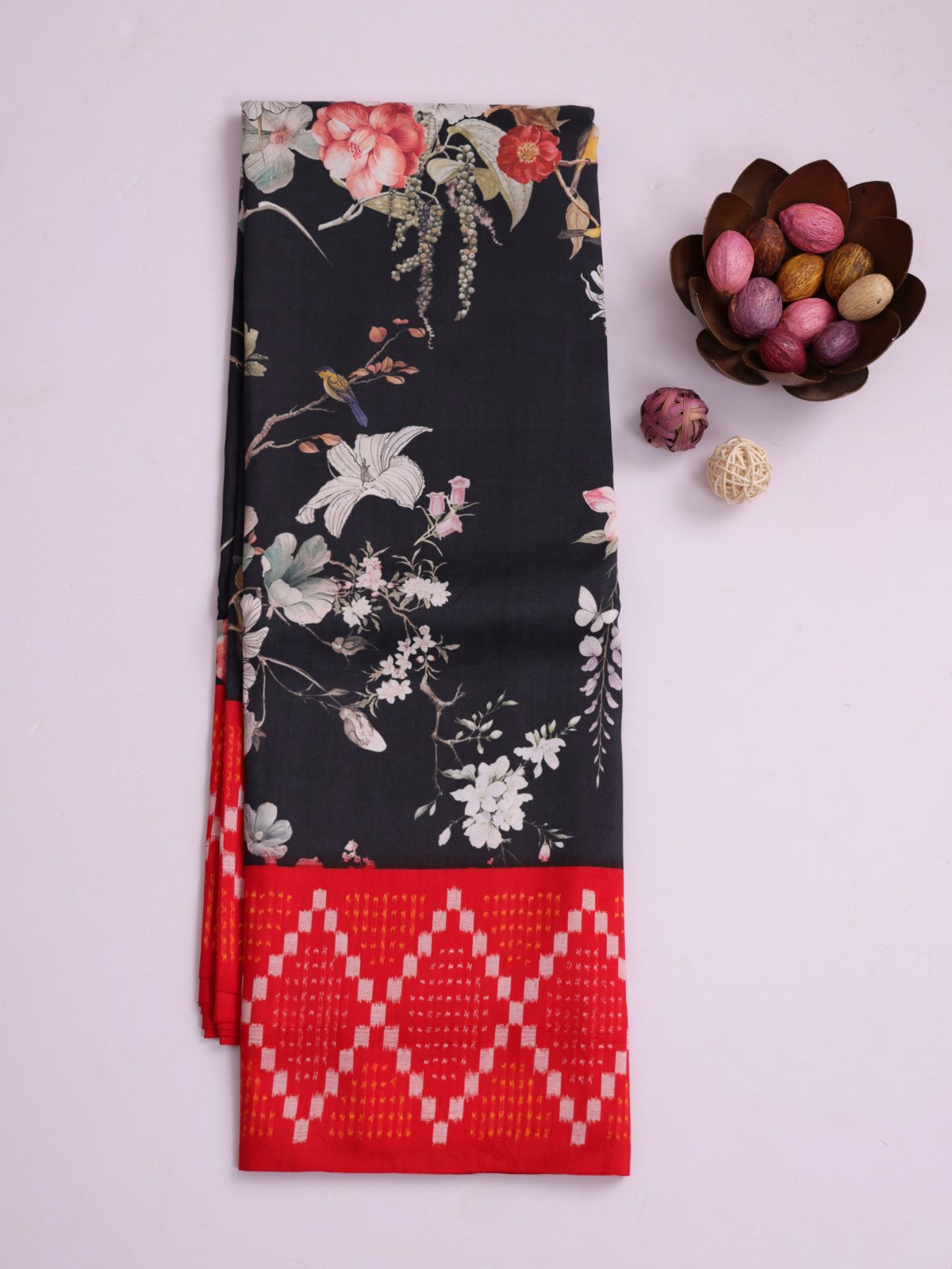 Black Printed Silk Saree With Red Border