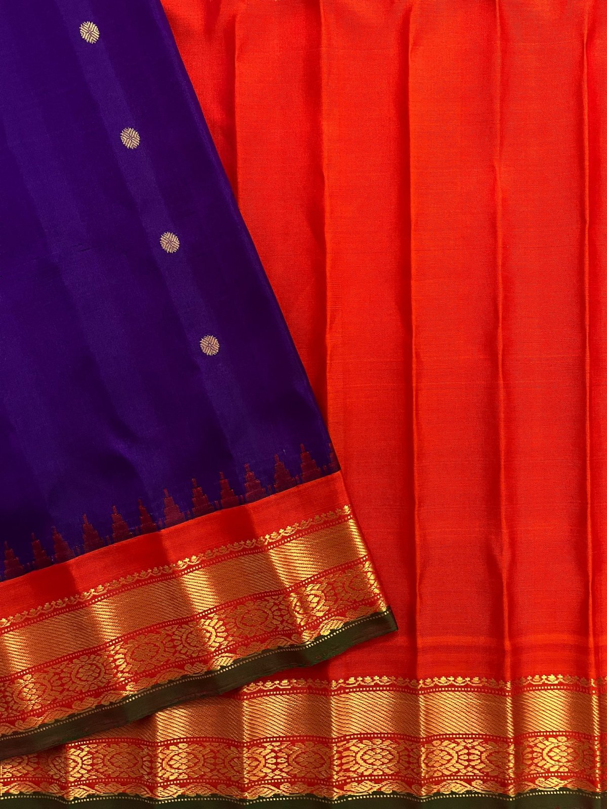 Handwoven Purple Gadwal Silk Saree With Orange Border