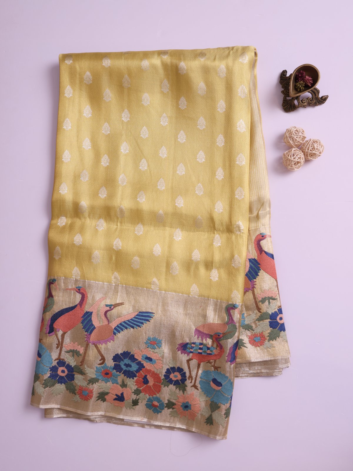 Yellow Tissue Kanjeevaram Silk Saree With Embroidered Border
