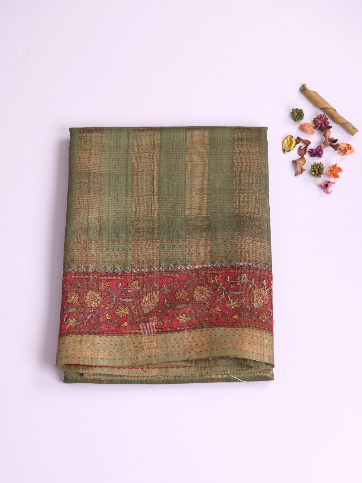 Sage Green  Zari Checked Tussar Silk With Printed Border