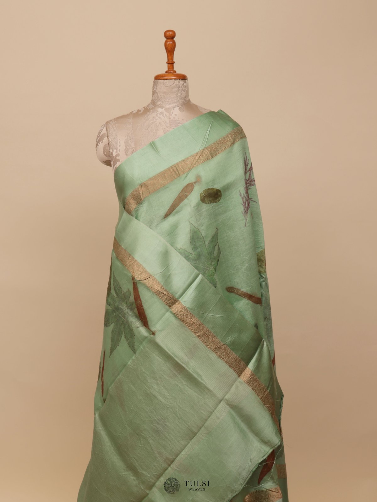 Pastel Green Munga Tussar Silk Saree With Satin Border