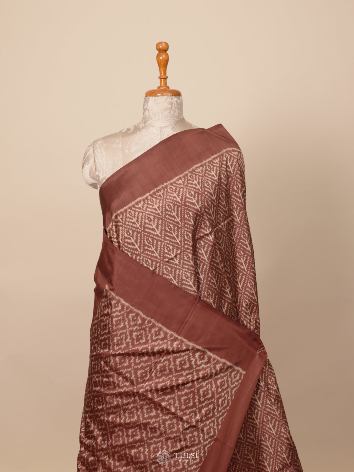 Brown Ikat Silk Saree With Brown Border