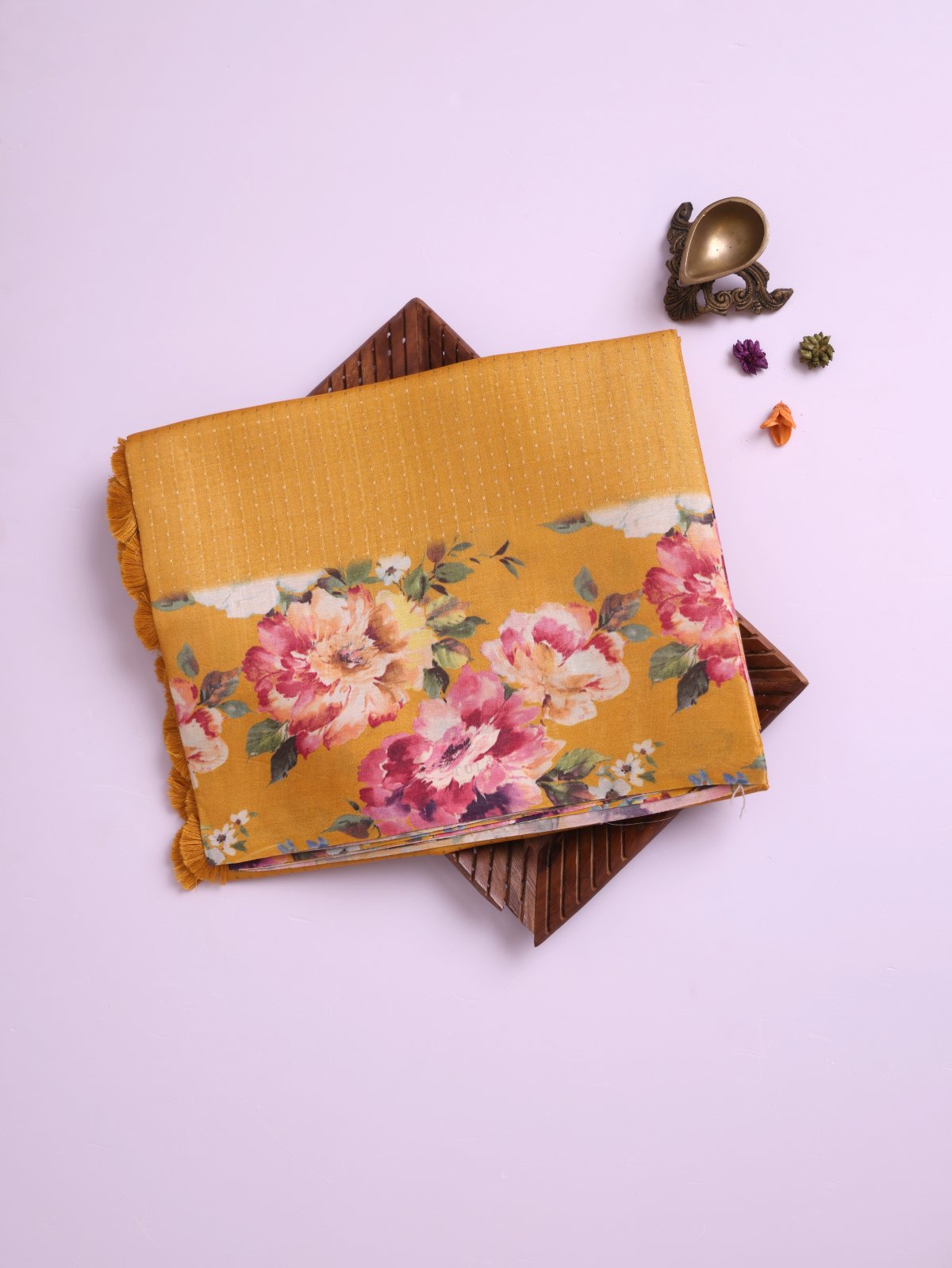 Mustard Yellow Tussar Silk Saree with Printed Border