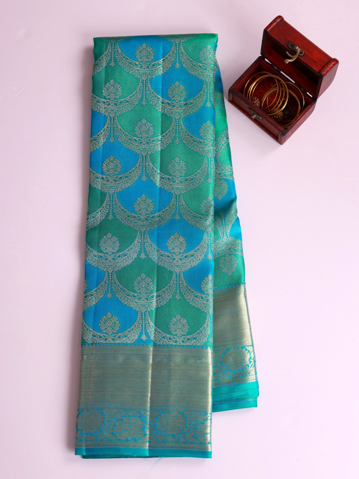 Teal Green And Ananda Blue Kanjeevaram Silk Saree With Zari Border