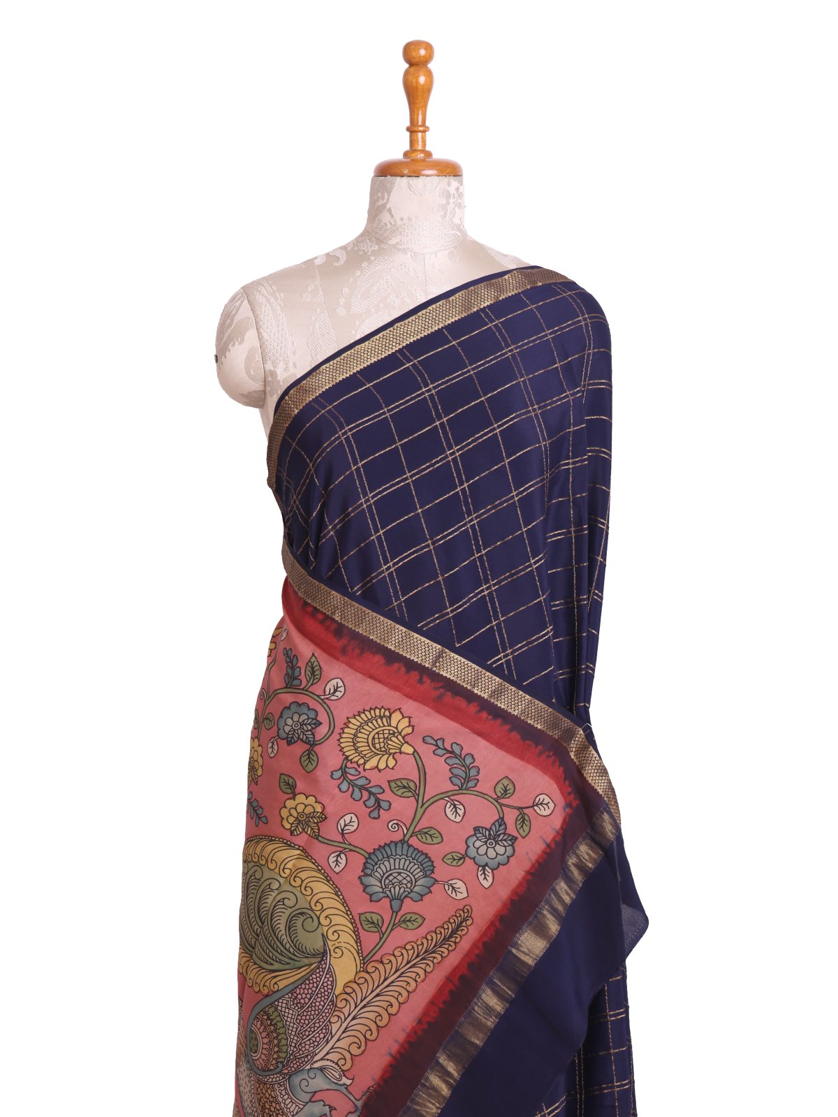 Navy Blue Checked Mysore Silk Saree with kalamkari blouse and pallu
