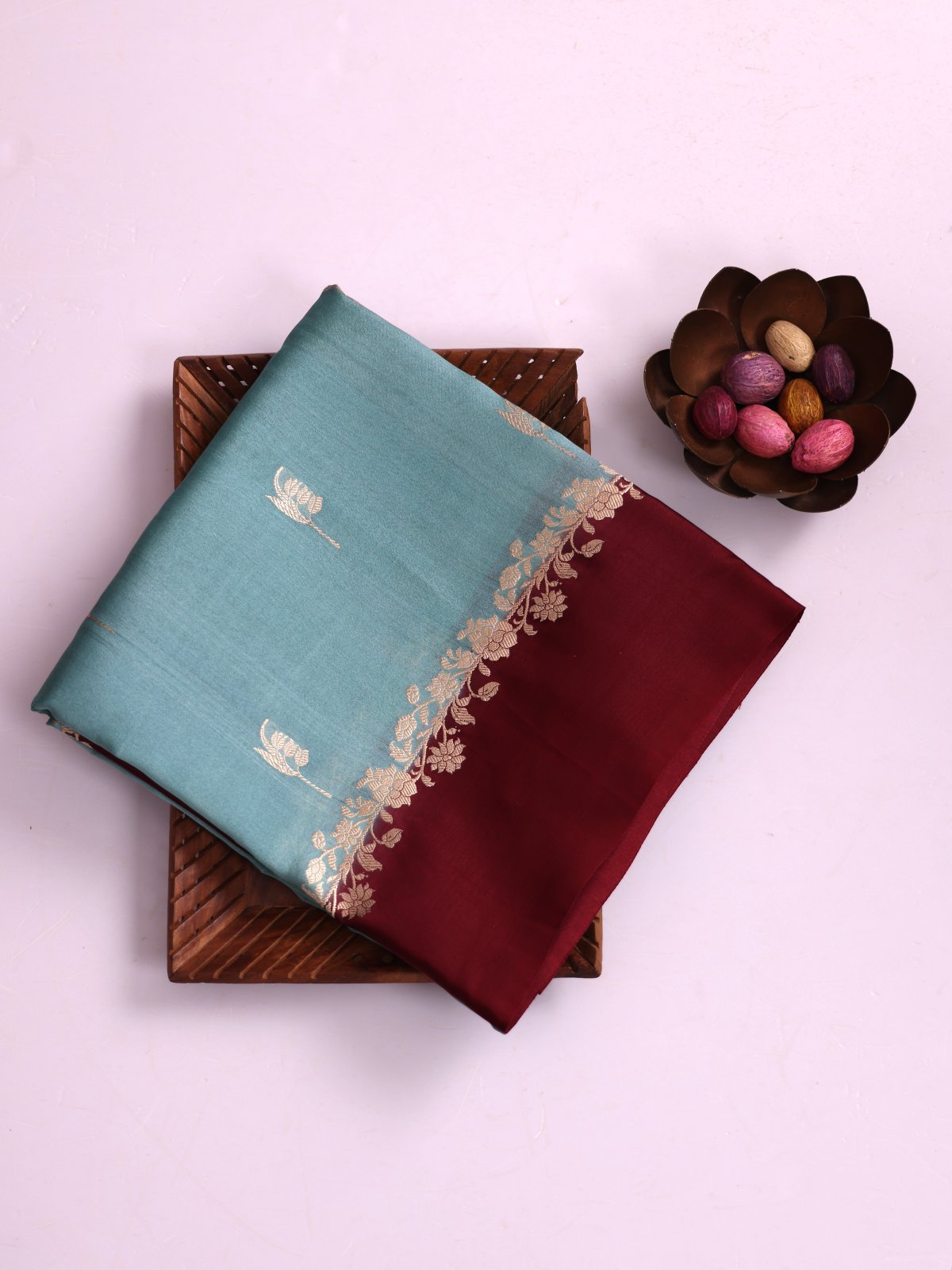 Dusty Blue Tussar Organza Silk Saree With Araku Satin Border