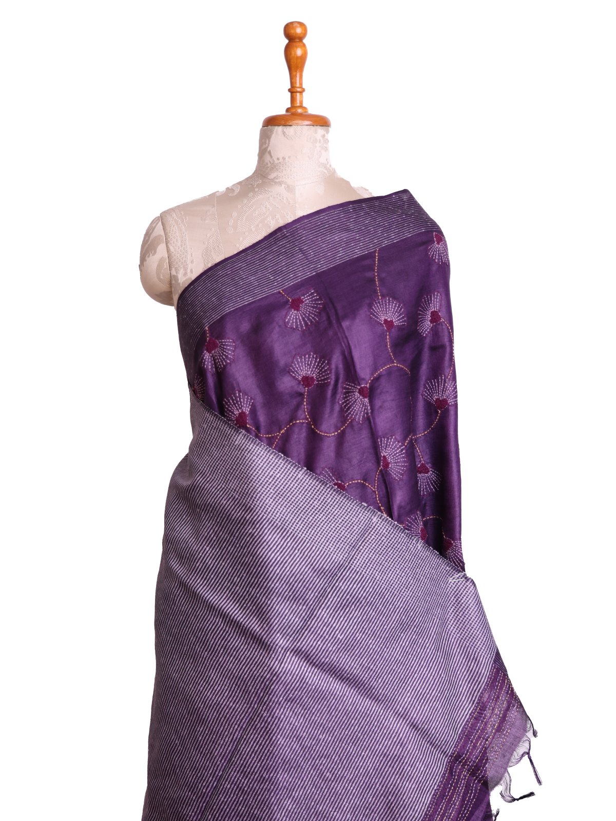 Purple Tussar Silk Saree with Kantha Embroidery