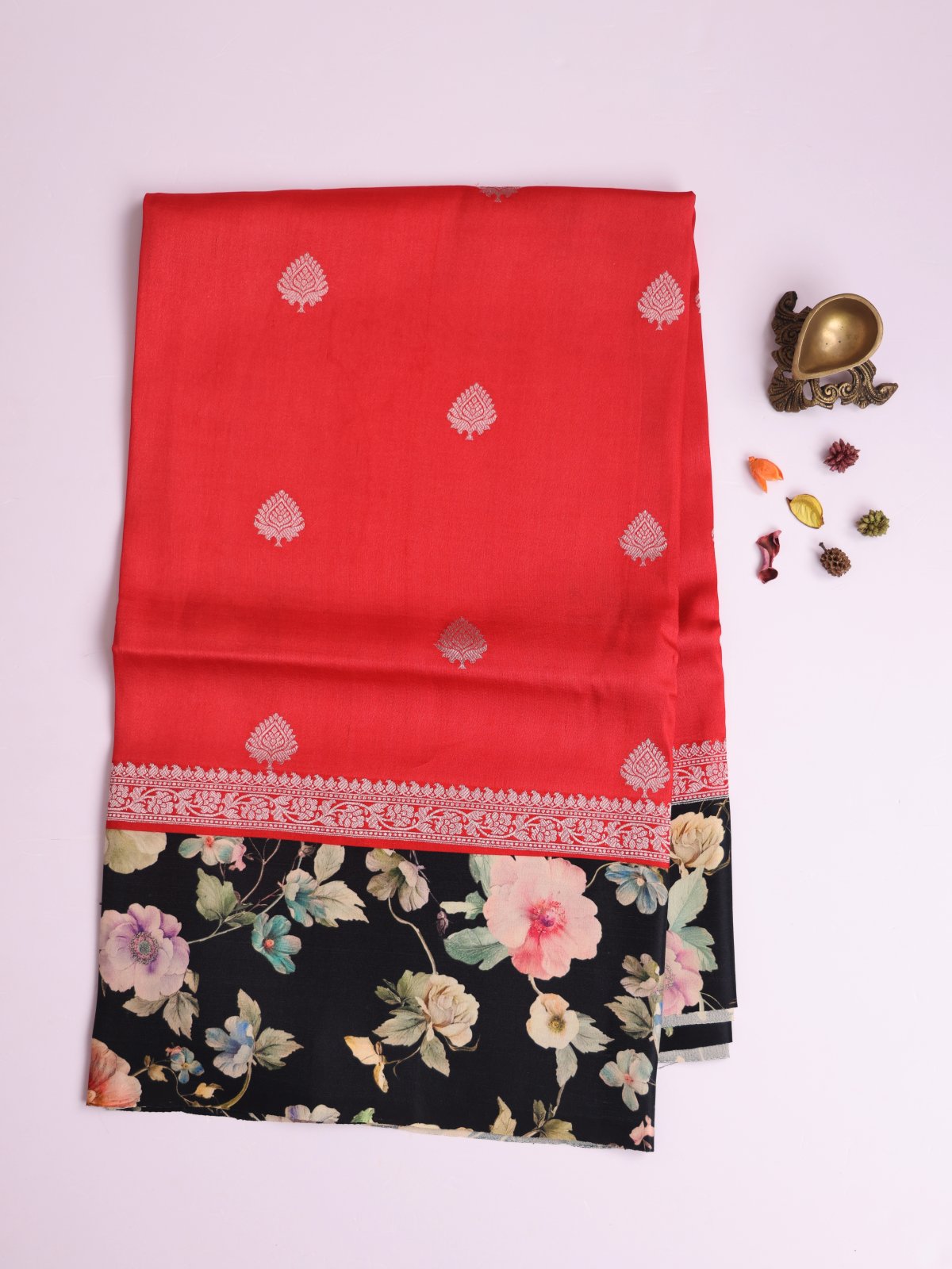 Coral Red Banaras Tussar Georgette Silk Saree with Printed Black Satin Border