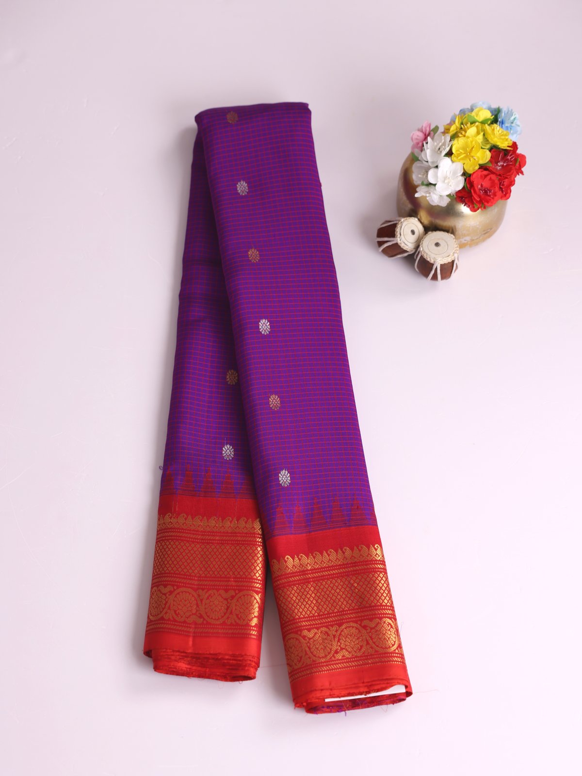 Purple And Red Checked Gadwal Silk Saree with Red Border