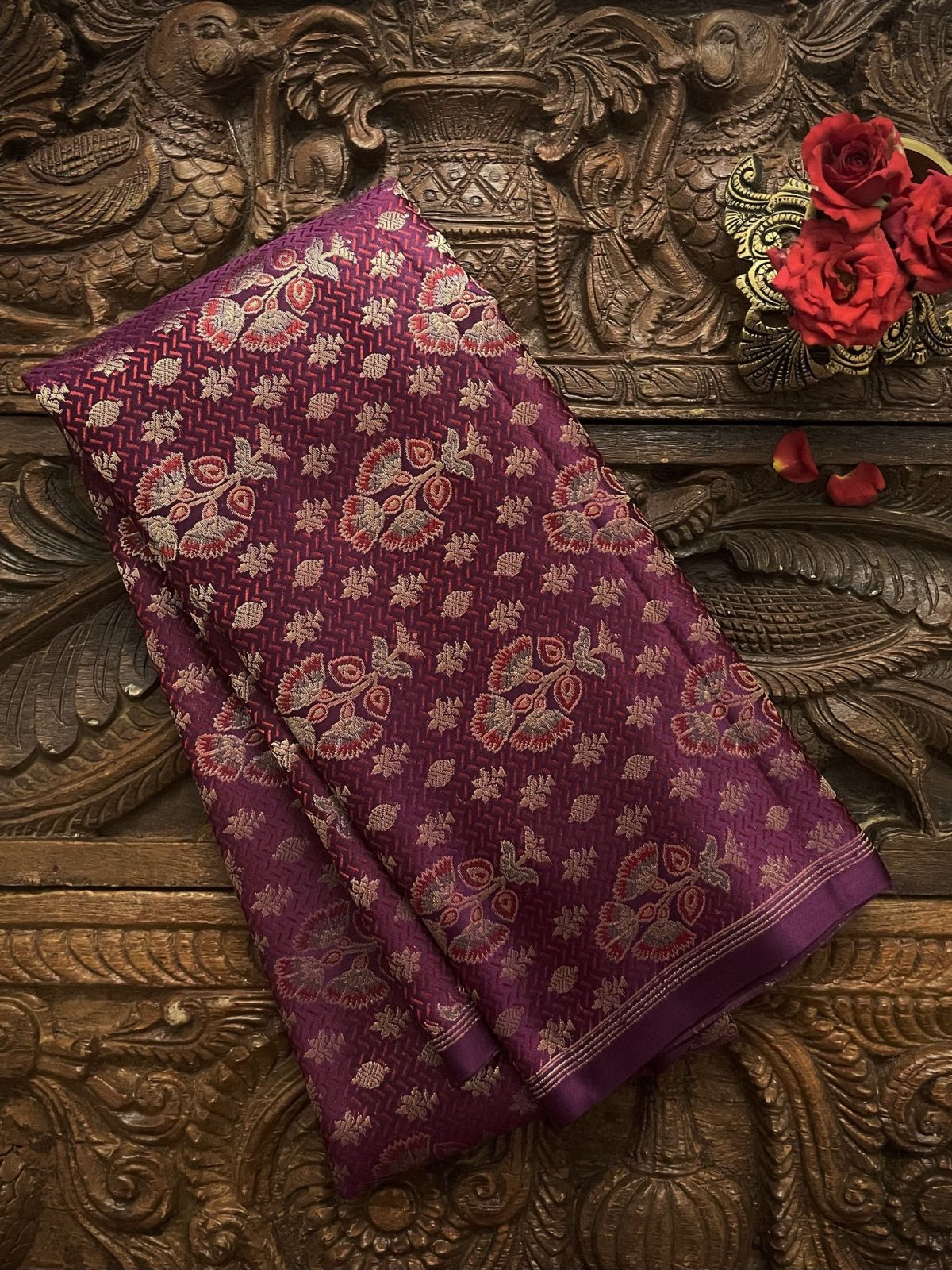 Purple Banaras Silk Blouse With Floral Butties and Detailing