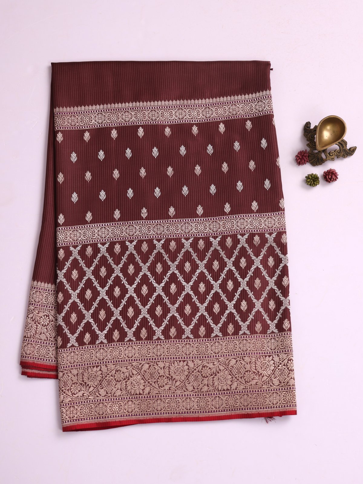 Chocolate Brown Striped Banaras Silk Saree With Zari Border