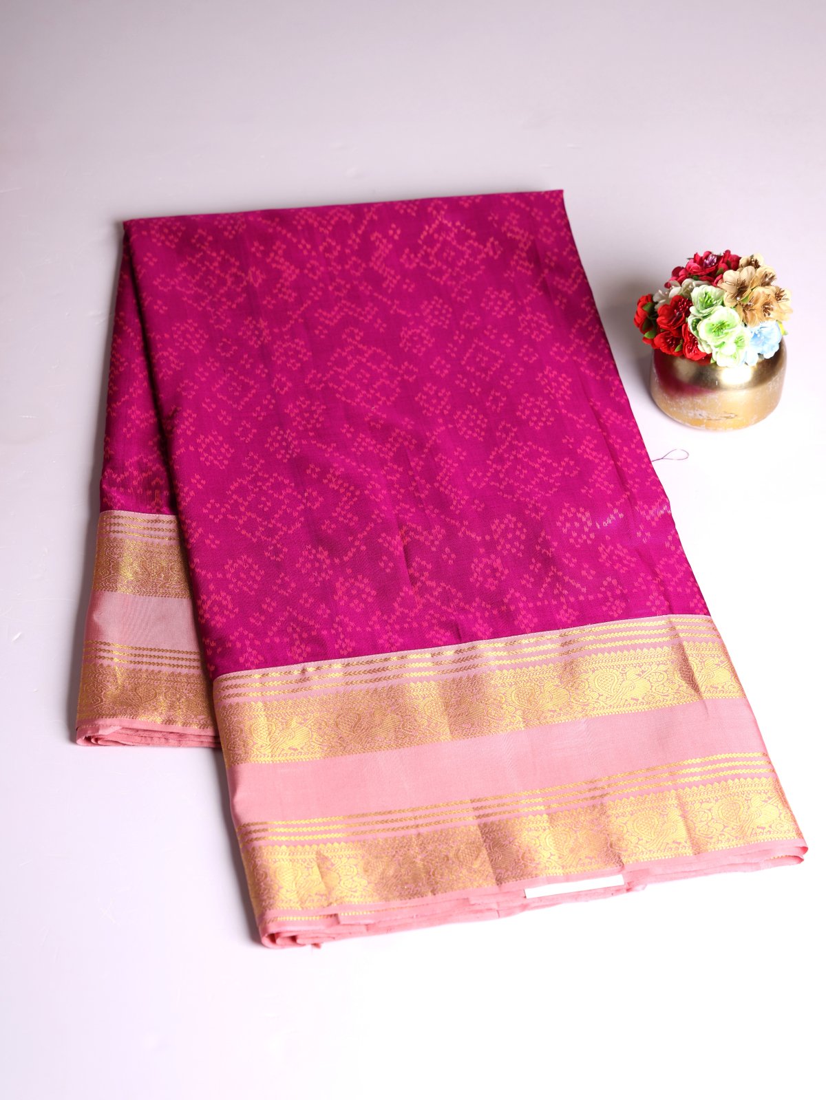 Magenta Pink Patola Silk Saree With Light Pink Kanjeevaram Zari Border