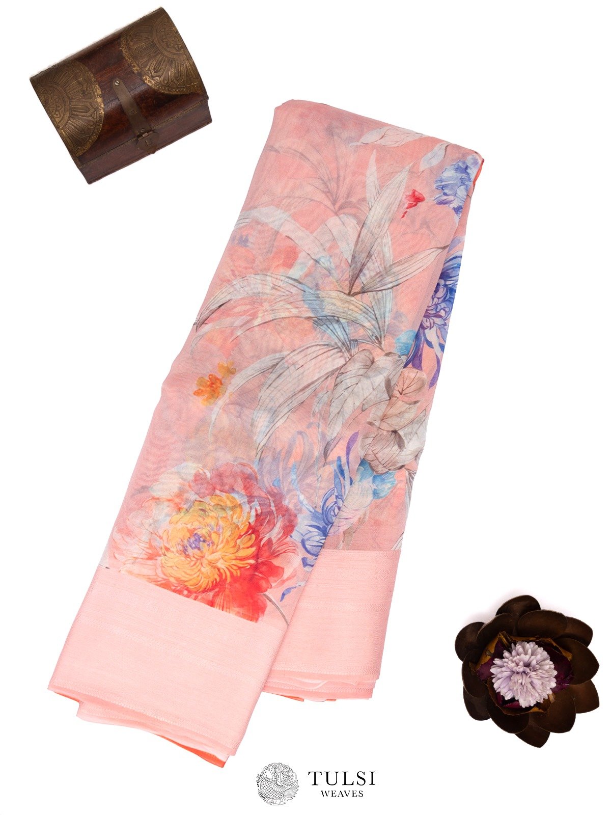 Light Peach Floral Printed Organza Silk Saree