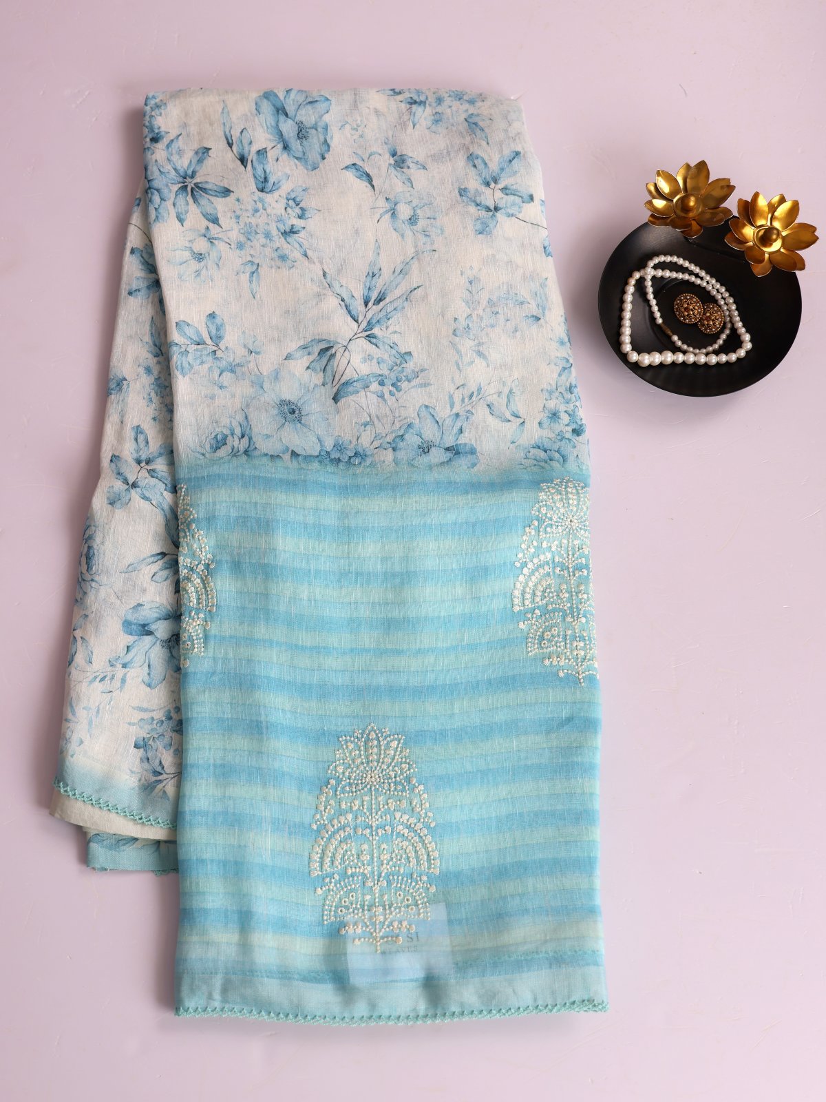 Off- White Printed Linen Saree With Light Blue Embroidered Border