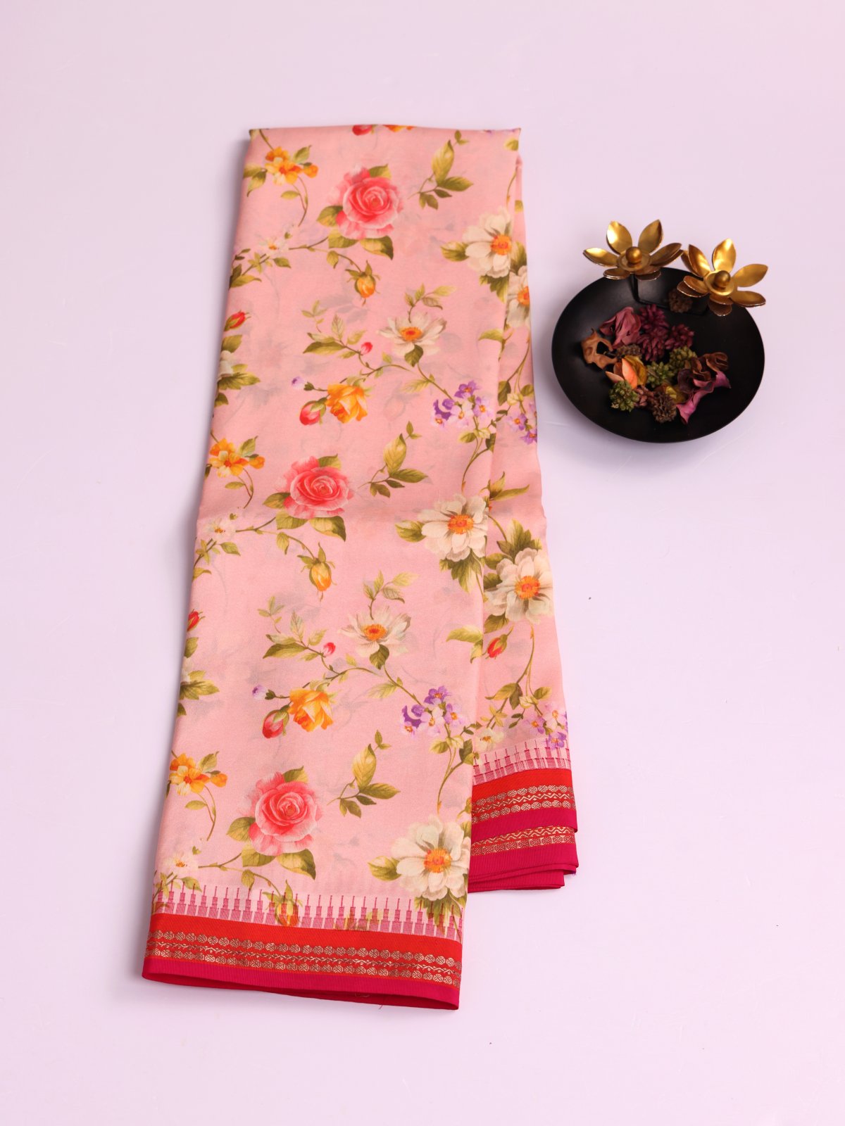Peachy Pink Printed Kanjeevaram Silk Saree With Reddish Orange Border