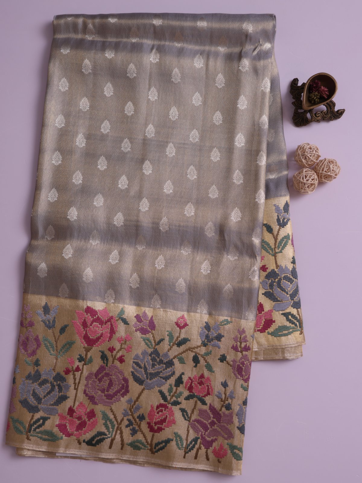 Grey Tissue Kanjeevaram Silk Saree With Embroidered Border