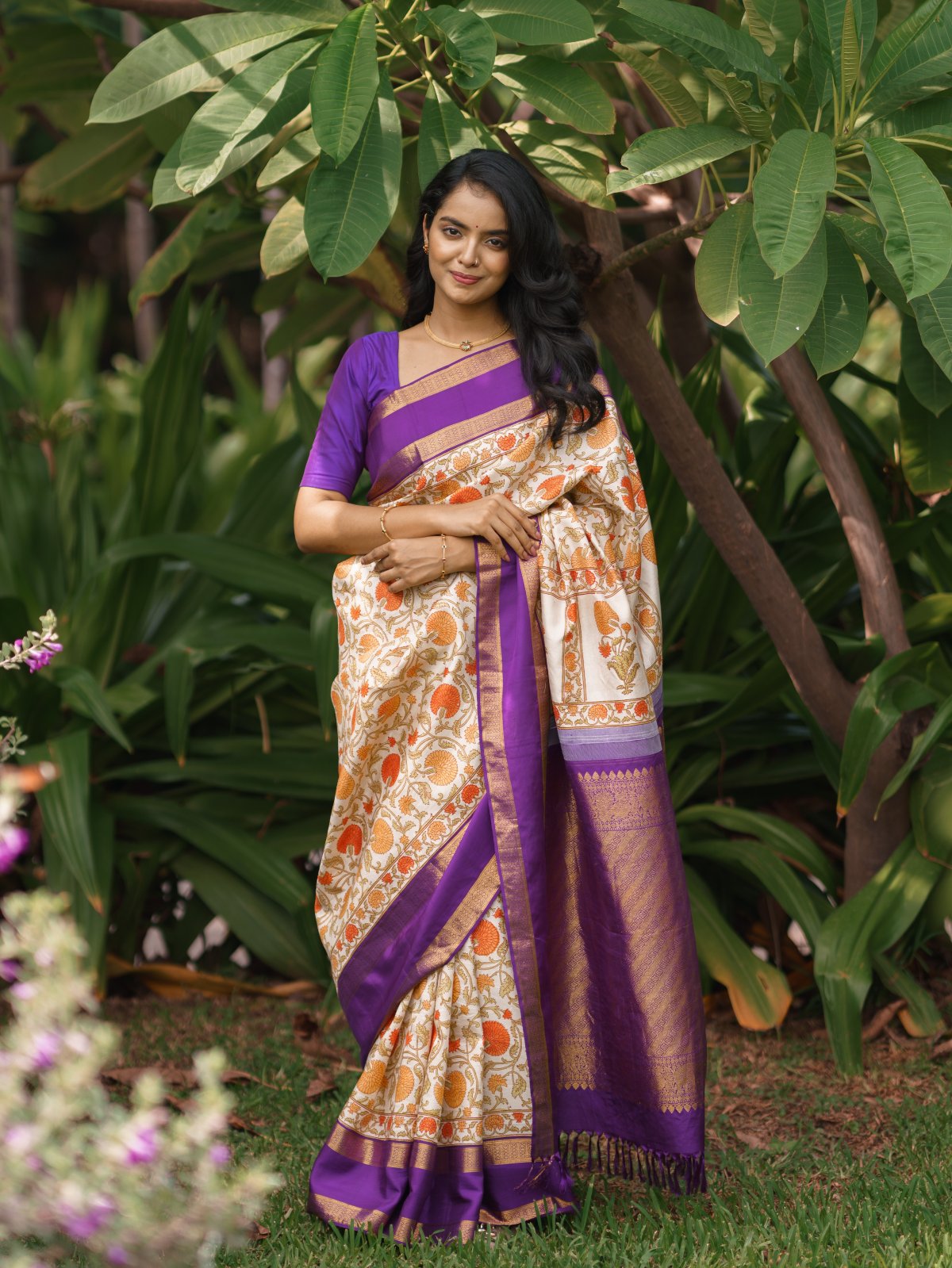 Floral Blockprint Kanjeevaram Silk Saree With Purple Zari Border