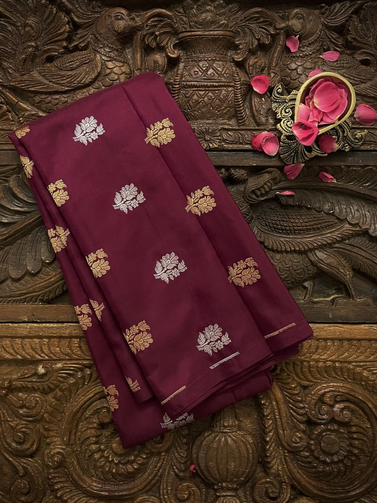 Maroon Banaras Silk Blouse With Gold and Silver Floral Buttis