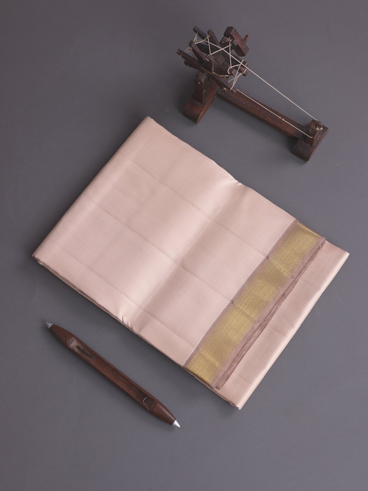 Light Peach Silk Dhoti And Vasthram With Light Brown Zari Border