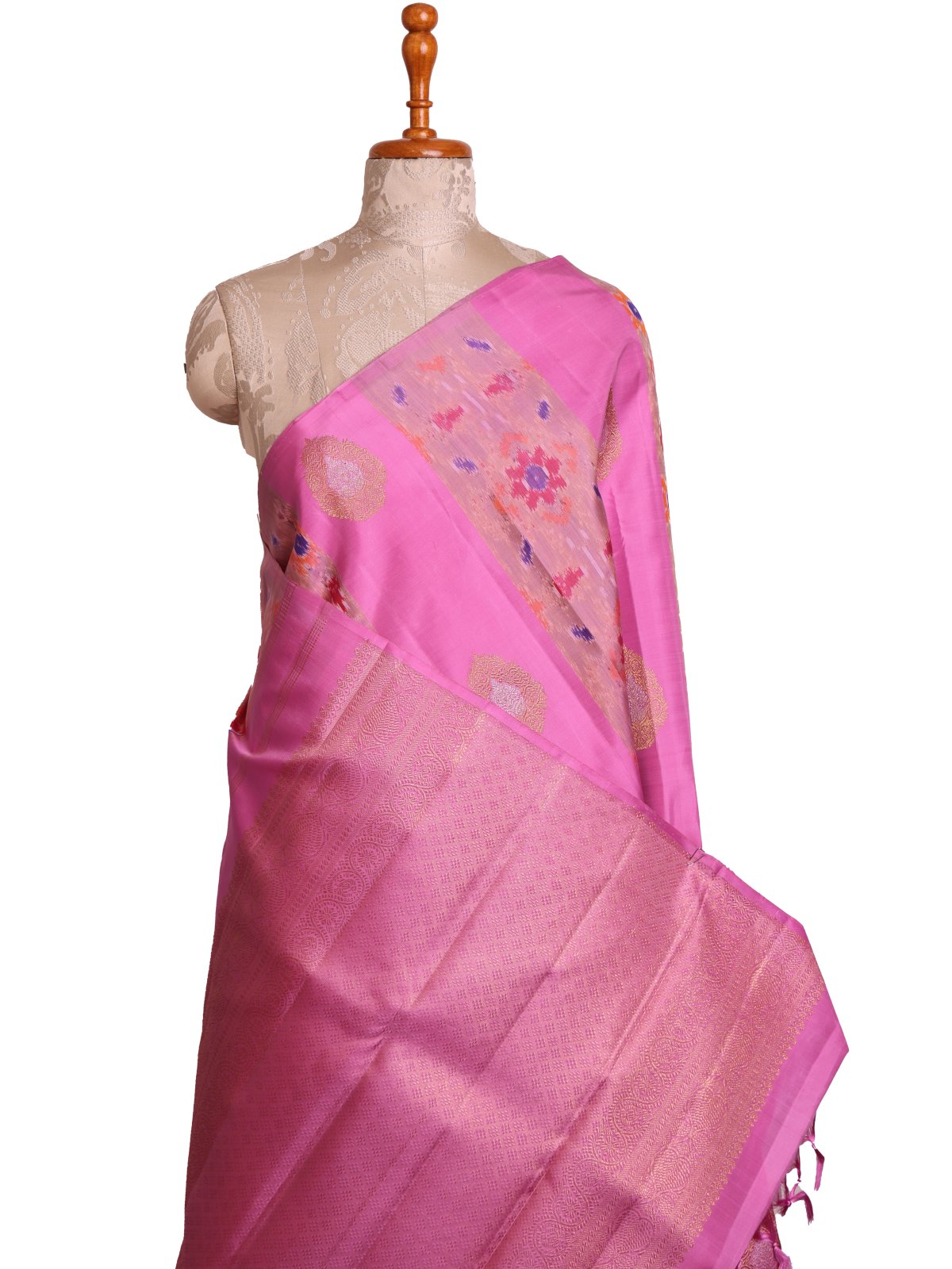 Pink Kanjeevaram Ikat Silk Saree With Zari Butta