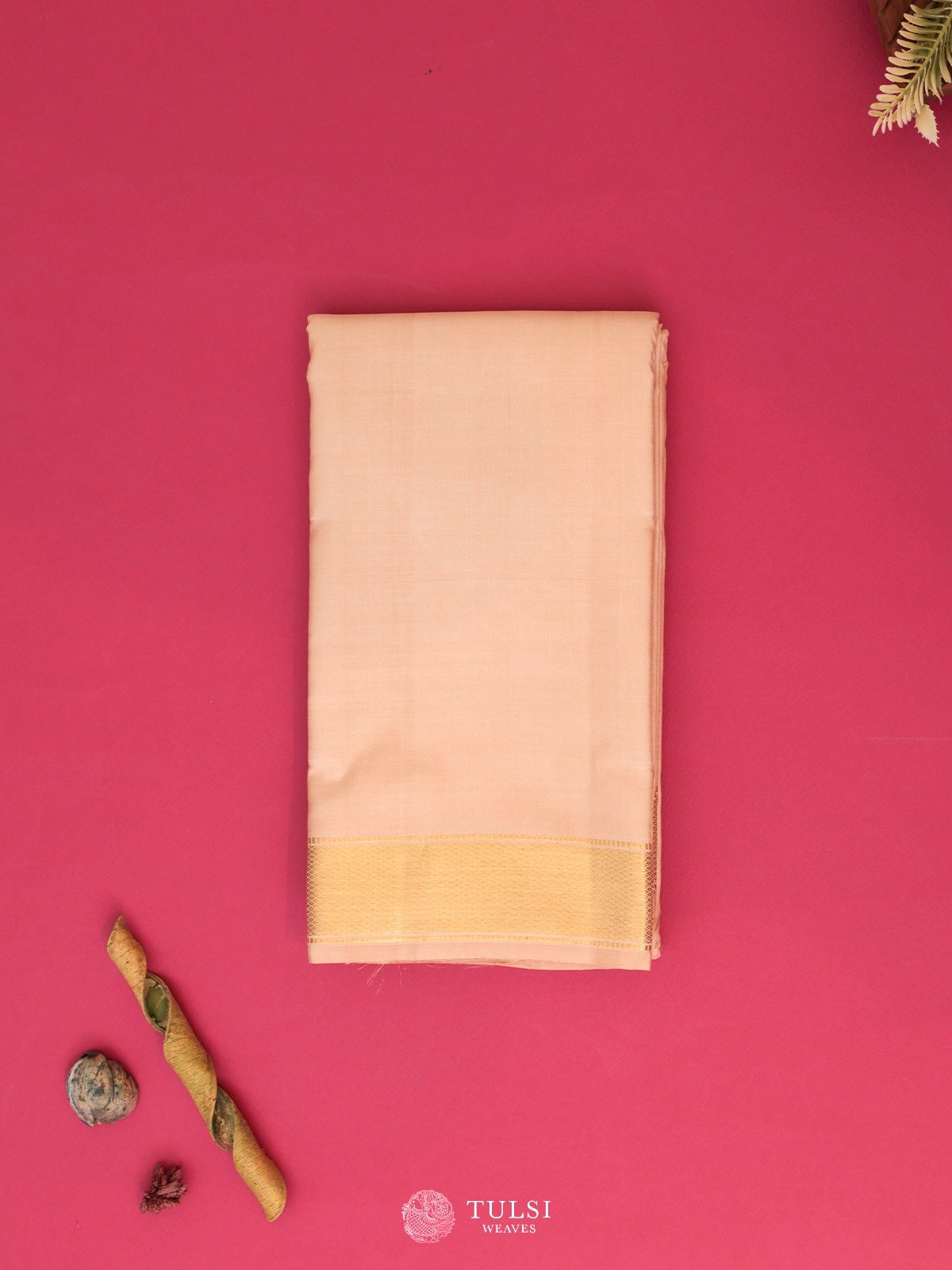 Light Khaki Silk Dhoti With Gold Self Zari Border