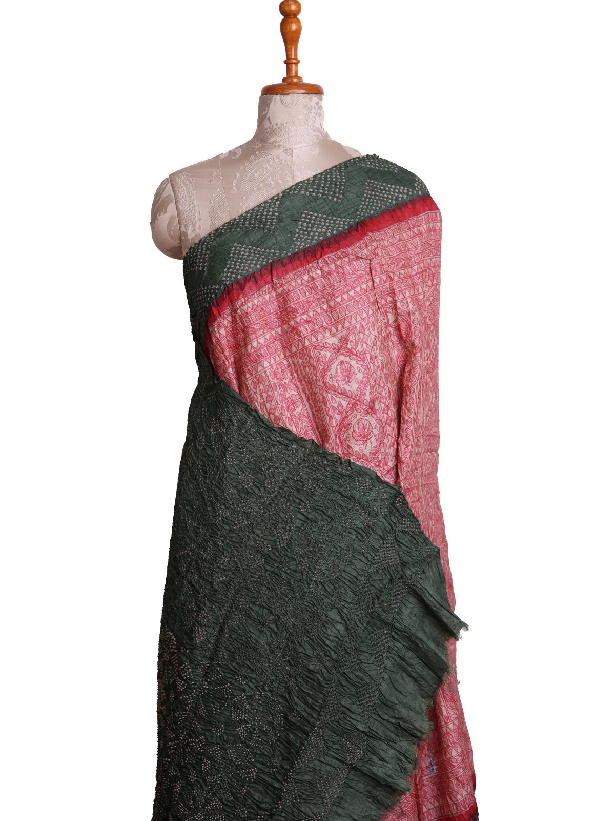Beige Madhubani Printed Tussar Silk Saree With Mehndi Green Bandhini Border