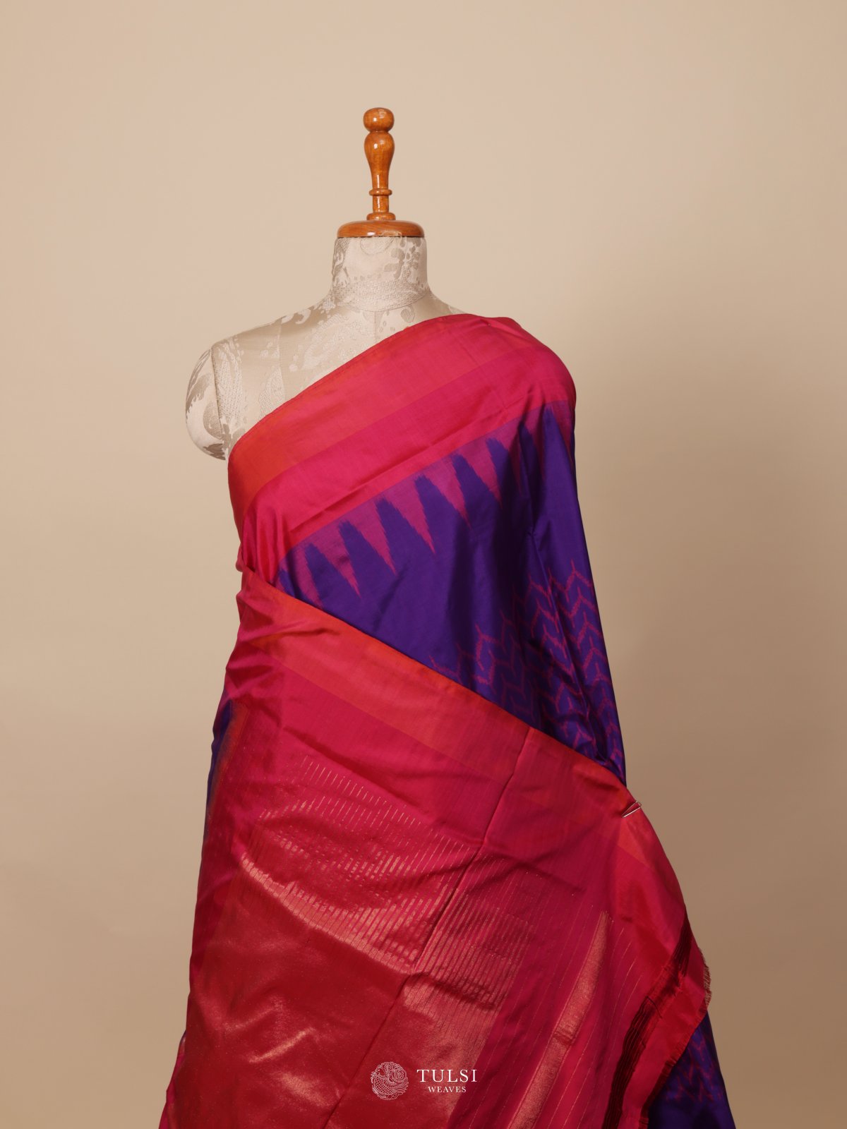 Voilet Ikat Silk Saree With Pink Border