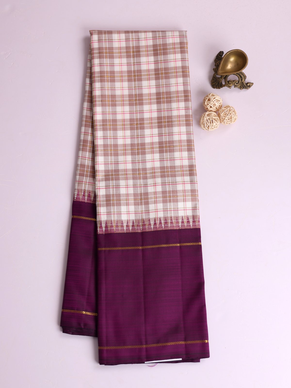 Multicolor Checked Kanjeevaram Silk Saree With Dark Purple Border