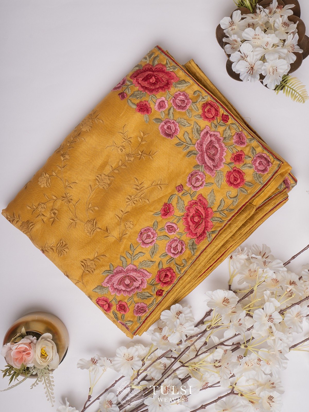 Mustard Organza Embroidery Saree