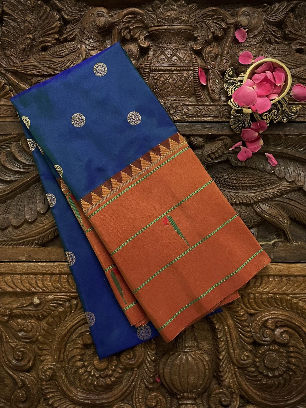 Dark Blue Paithani Silk Blouse With Temple Border