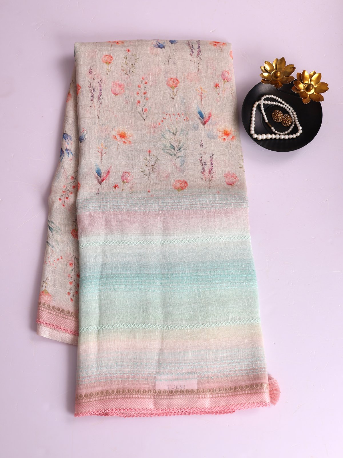 Off- White Printed Linen Saree With Multicolor Embroidered Border