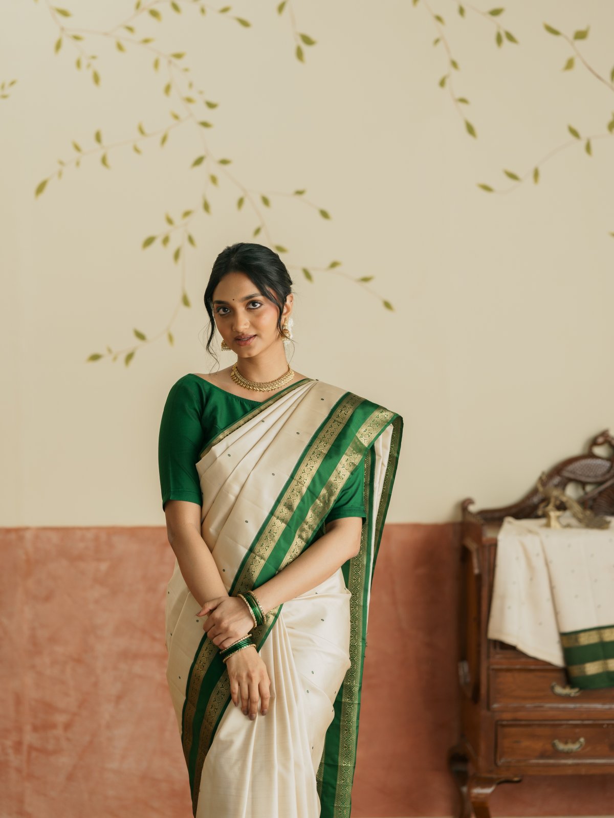 Vintage 78 - Cream Kanjeevaram Silk Saree With Military Green Border