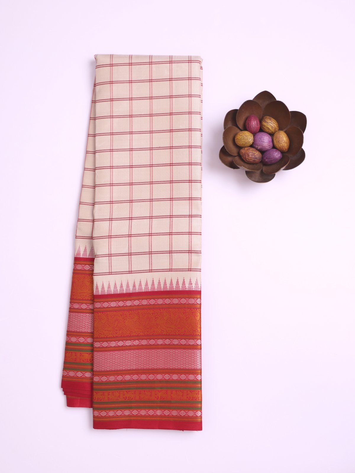 Off- White Checked Kanjeevaram Pattu Pettu Silk Saree with Red Border