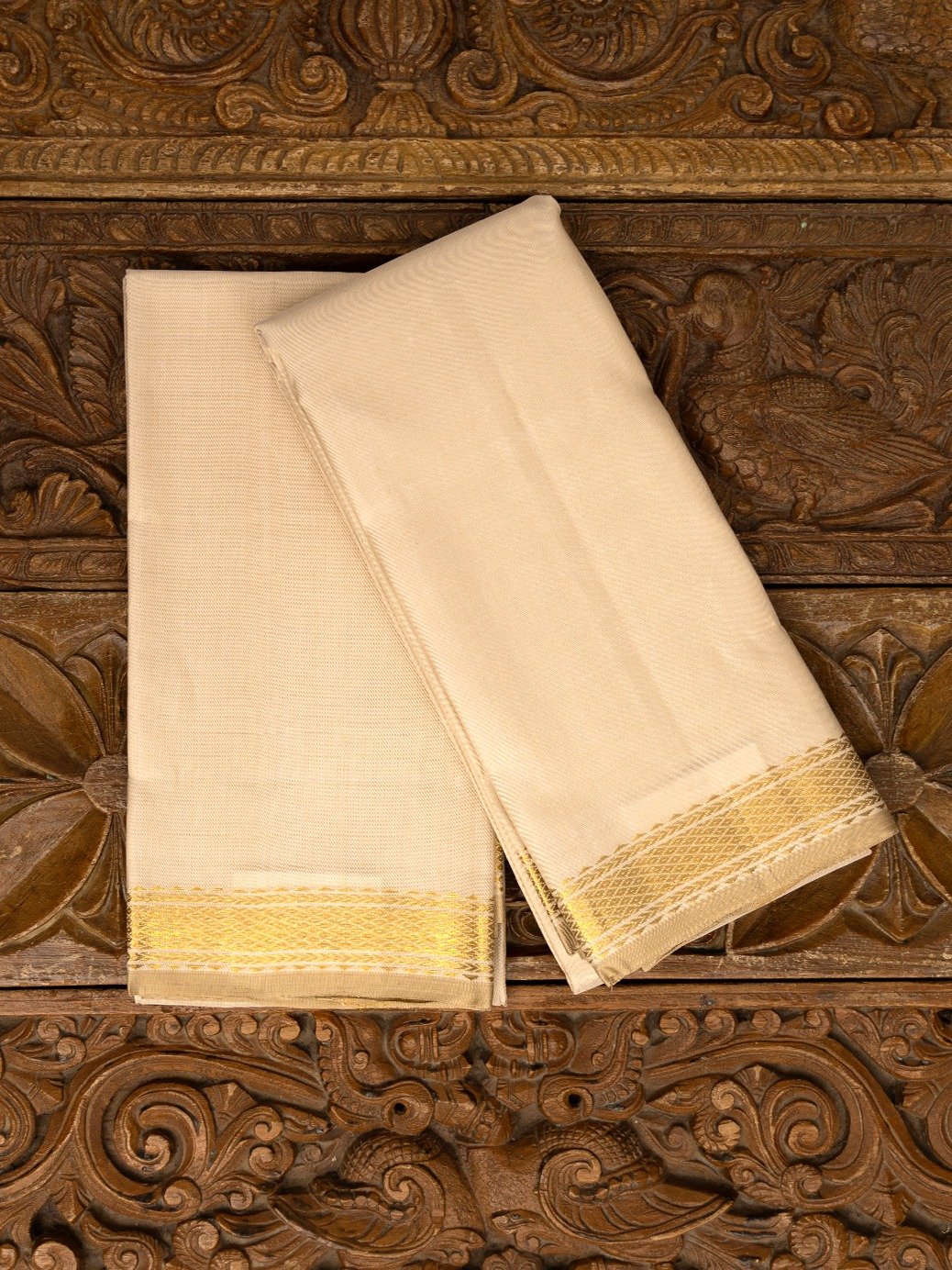 Beige Silk Dhoti and Vasthram With Gold Self Zari Border