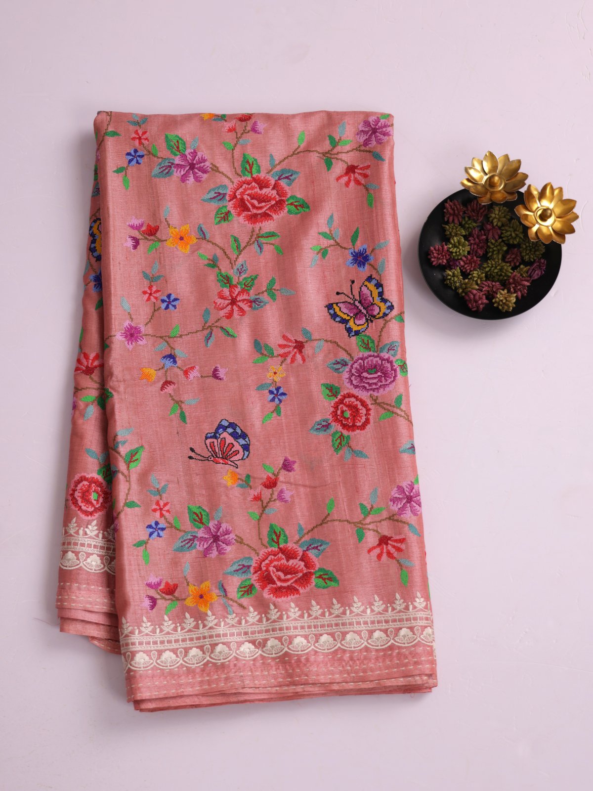 Peachy Pink Tussar Silk Saree With Cross-Stitch Embroidery