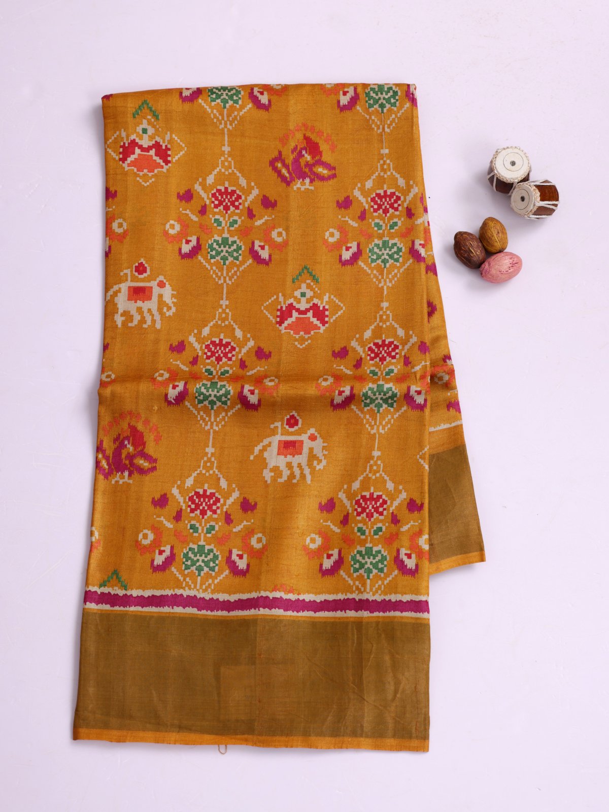 Mustard Yellow Printed Tussar Silk Saree With Tissue Border