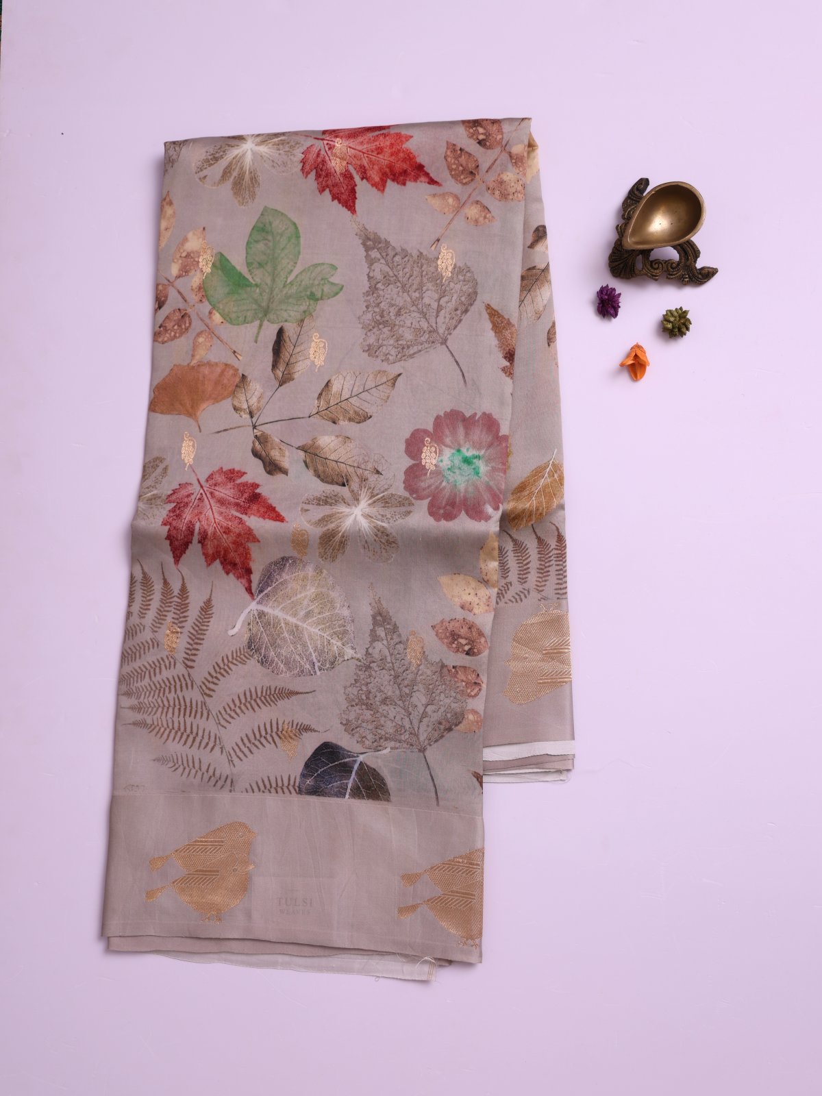 Light Grey Printed Mashru Silk Saree with Self Satin Border