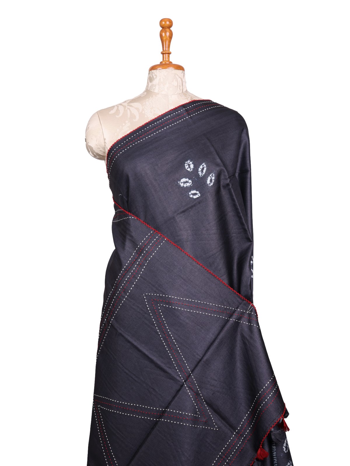 Dark Grey Shibori Tussar Silk Saree With Kantha Embroidery