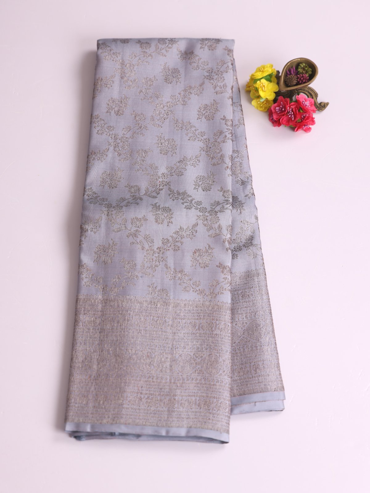 Light Bluish Gray Kanjeevaram Silk Saree With Antique Zari