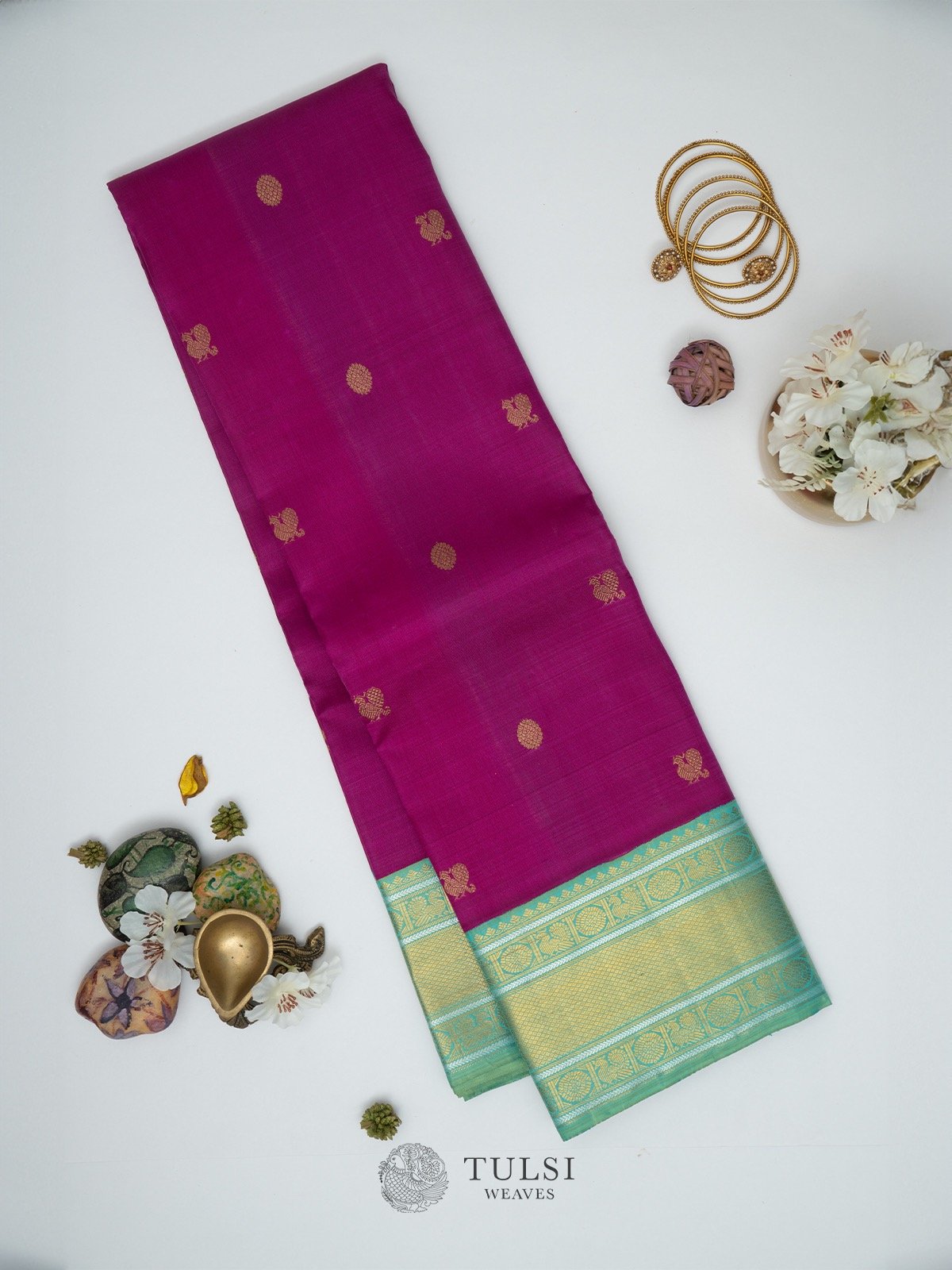 Purple Kanchipuram Silk Saree with Teal Blue Border