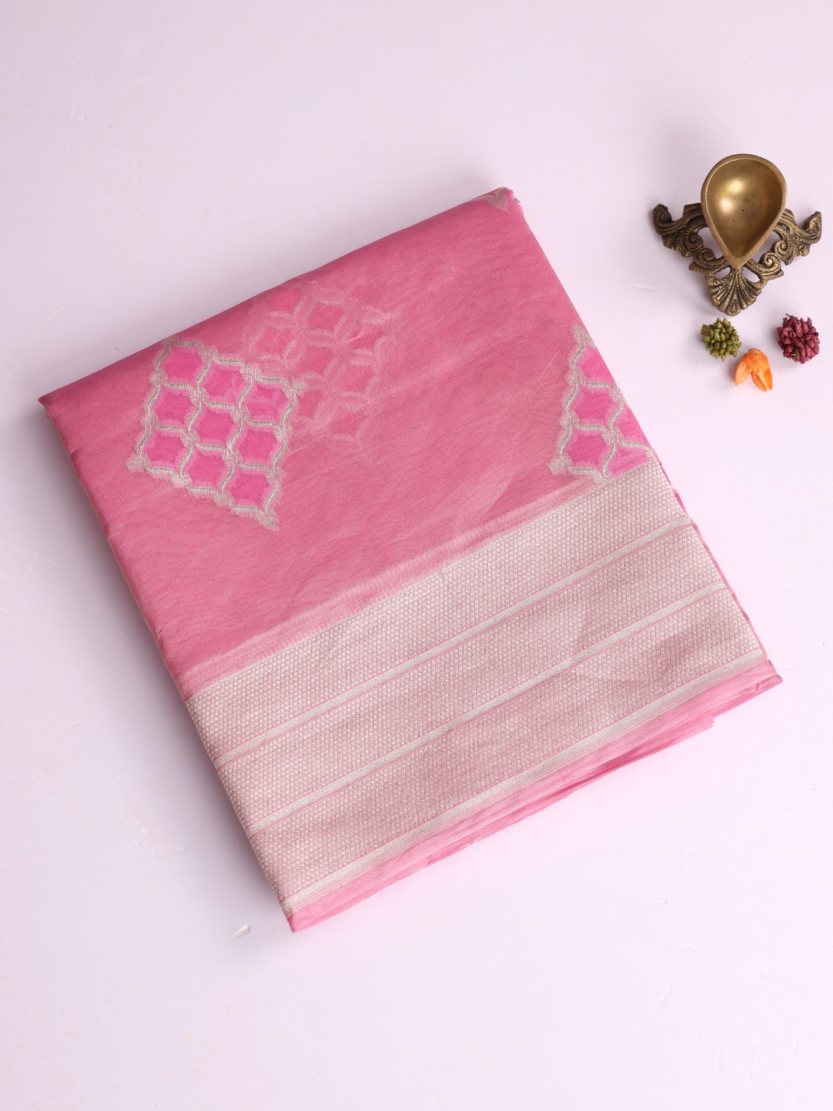 Pastel Pink Tissue Organza Silk Saree With Zari Border