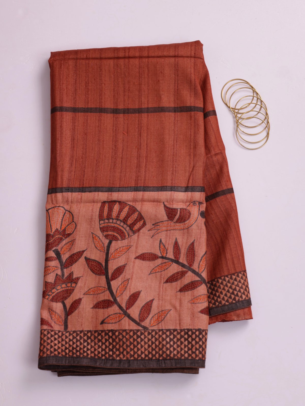 Rust Orange Printed Tussar Silk Saree With Kantha Embroidery