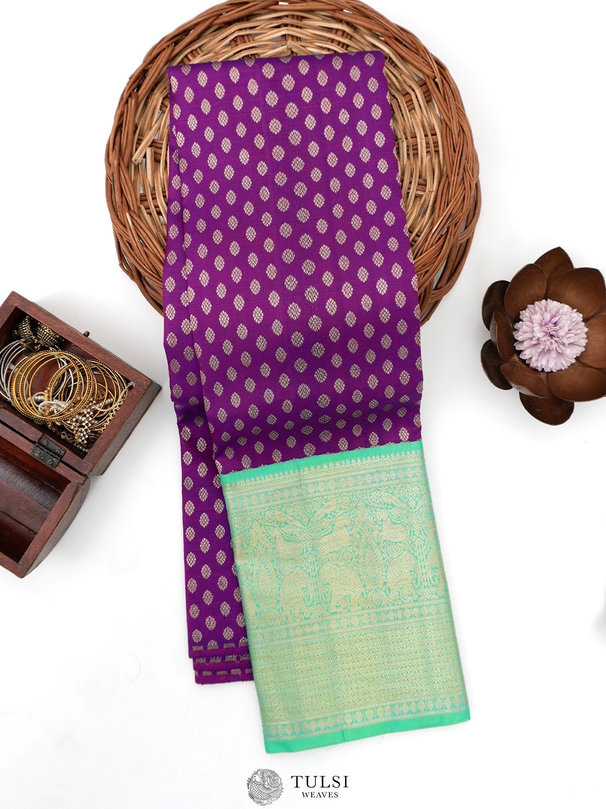 Purple Kanjeevaram Silk Pavadai with Bluish Green Border