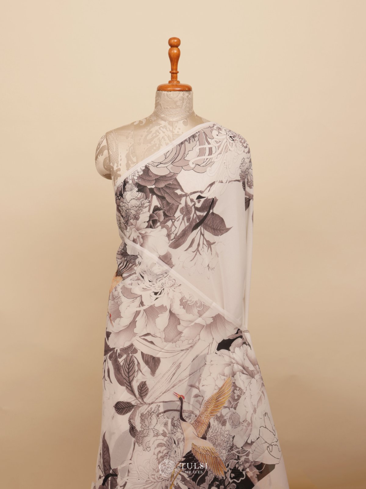 White Floral Printed Georgette Silk Saree
