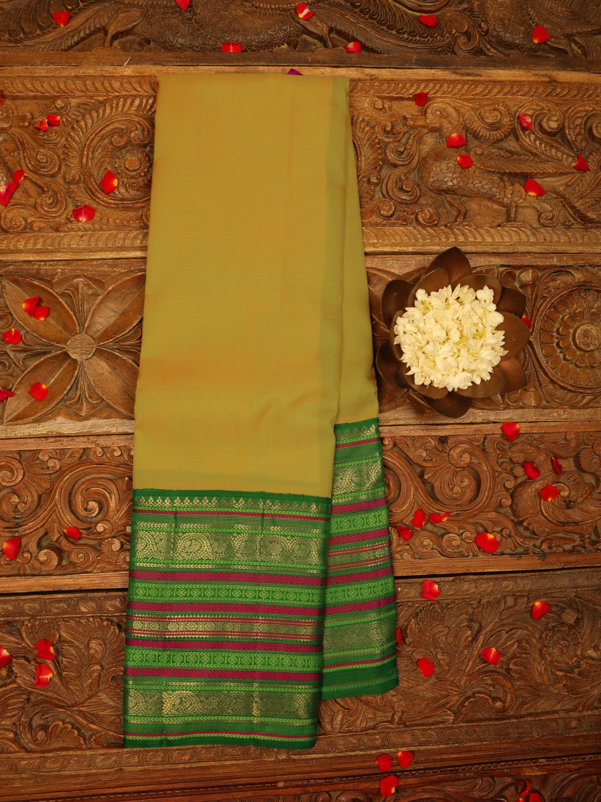 Yellow Kanjeevaram Silk Saree With Green Pattu Pett And Zari Border